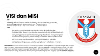 VISI dan MISIVISI
Mewujudkan Peserta Didik Yang Beriman, Berprestasi,
Berkarakter Dan Berwawasan Lingkungan
MISI
￮ Menyelenggarakan kegiatan intrakurikuler, kokurikuler dan
Ekstrakurikuler dalam membentuk peserta didik berakhlakul karimah
￮ Menyelenggarakan pembelajaran yang efektif dan menyenangkan
dalam meraih prestasi pada bidang akademik dan non akademik.
￮ Menanamkan karakter dalam berbagai bidang di sekolah.
￮ Menciptakan lingkungan sekolah yang bersih, sehat dan nyaman.
Pendidikan adalah usaha sadar dan terencana untuk mewujudkan suasana belajar dan proses
pembelajaran agar peserta didik secara aktif mengembangkan potensi dirinya untuk memiliki
kekuatan spiritual keagamaan, pengendalian diri, kepribadian, kecerdasan, akhlak mulia, serta
keterampilan yang diperlukan dirinya, masyarakat, bangsa dan negara. (UU No. 20 Tahun 2003 )
4
 
