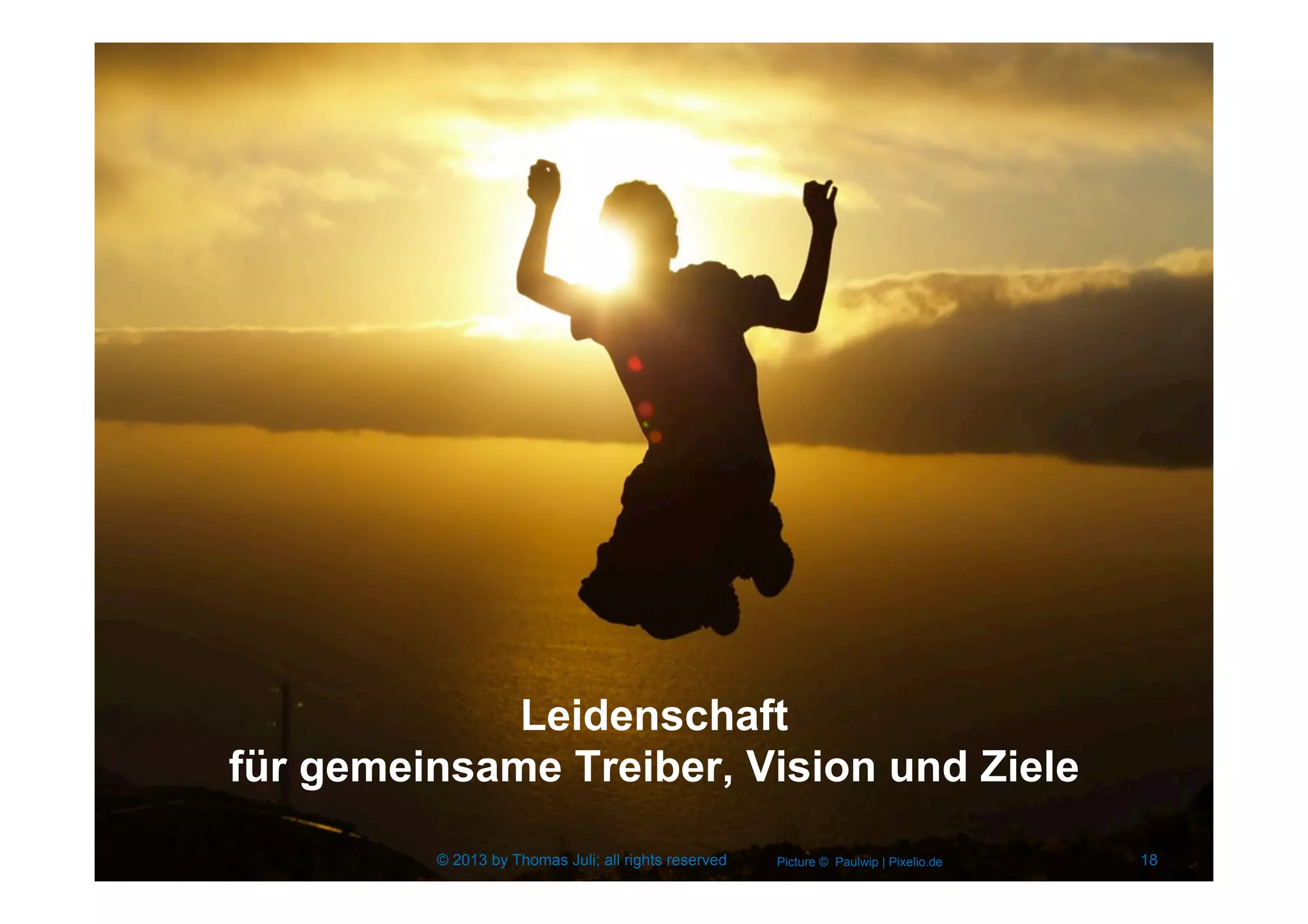 Leidenschaft
für gemeinsame Treiber, Vision und Ziele
Picture © Paulwip | Pixelio.de© 2013 by Thomas Juli; all rights reserved 18
 