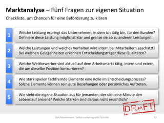 Marktanalyse – Fünf Fragen zur eigenen Situation
Checkliste, um Chancen für eine Beförderung zu klären


      Welche Leistung erbringt das Unternehmen, in dem ich tätig bin, für den Kunden?
1     Definiere diese Leistung möglichst klar und grenze sie ab zu anderen Leistungen.

      Welche Leistungen und welches Verhalten wird intern bei Mitarbeitern geschätzt?
2     Bei welchen Gelegenheiten erkennen Entscheidungsträger diese Qualitäten?

      Welche Wettbewerber sind aktuell auf dem Arbeitsmarkt tätig, intern und extern,
3     die um dieselbe Position konkurrieren?

      Wie stark spielen fachfremde Elemente eine Rolle im Entscheidungsprozess?
4     Solche Elemente können sein gute Beziehungen oder persönliches Auftreten.

      Wie sieht die eigene Situation aus für jemanden, der sich eine Minute den
5     Lebenslauf ansieht? Welche Stärken sind daraus nicht ersichtlich?



                           Dirk Hannemann - Selbstmarketing zehn Schritte            32
 