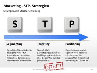 Marketing - STP- Strategien
Strategien der Markterschließung




        S                                        T                                     P
  Segmenting                             Targeting                                  Positioning
  Die richtige Nische finden für         Wunsch-Markt                               Klare Positionierung mit
  das eigene Profil – für                (-Arbeitsplatz) auswählen                  eigenem Profil nach den
  Arbeitnehmer, die richtige             und Zielgruppe analysieren,                Erfordernissen der
  Tätigkeit auf dem internen             über die der Weg zum Job                   gewünschten Tätigkeit und
  oder externen Arbeitsmarkt             gelingen muss.                             Darstellung als „Marke Ich“



                                   Dirk Hannemann - Selbstmarketing zehn Schritte                                 40
 