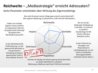 Reichweite – „Mediastrategie“ erreicht Adressaten?
Sechs Parameter entscheiden über Wirkung des Eigenmarketings
                        Wie viele Personen meiner Zielgruppe erreicht meine Botschaft?
                       (Der eigenen Abteilung zu präsentieren, hilft nicht der Reichweite.)

    Haben non-verbale                                  Reichweite                              Bin ich mit der
 Signale meines Auftritts                                                                 Zielgruppe häufig genug
im eingesetzten Rahmen                                                                    in Kontakt, um erinnert
die gewünschte Wirkung?                                                                          zu werden?
     (Krawatte beim               Impact                                     Kontakte       (Handschlag mit Bill
  Betriebsfest passend?)                                                                      Clinton hilft dem
                                                                                              Netzwerk nicht.)


  Ist die Werbebotschaft                                                                     Ist der Eindruck aus
  kraftvoll genug, um die                                                                        Sitzungen und
                             Dominanz                                        Intensität         Präsentationen
 gewünschte Botschaft zu
      transportieren?                                                                     nachhaltig genug, um ein
   (Einladung als Dozent                                                                    Profil zu entwerfen?
   gewünschtes Profil in                                                                     (Sitzungsprotokolle
                                                       Repetition                         verbreiten keinen Glanz.)
   einer Macher-Firma?)
                                Vertrete ich häufig und intensiv genug meine Botschaft,
                                           um damit identifiziert zu werden?
                                 (Meinung zu Mallorca macht kein Profil als Controller)


                            Dirk Hannemann - Selbstmarketing zehn Schritte                                      65
 