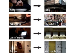 Imbiss
Plattenladen
Mac-Pool
Werkstattdusche
Mittag
Duschen
Laptop/Internet
Musik hören
 