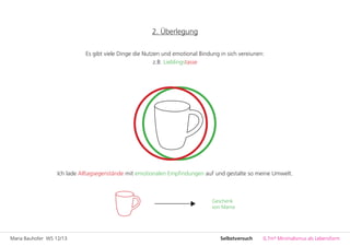 Maria Bauhofer WS 12/13 0,7m³ Minimalismus als LebensformSelbstversuch
2. Überlegung
Es gibt viele Dinge die Nutzen und emotional Bindung in sich vereiunen:
z.B. Lieblingstasse
Ich lade Alltagsegenstände mit emotionalen Empfindungen auf und gestalte so meine Umwelt.
Geschenk
von Mama
 