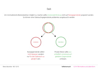 Maria Bauhofer WS 12/13 0,7m³ Minimalismus als LebensformSelbstversuch
Fazit
Um minimalistische Besitzreduktion möglich zu machen sollte emotionale Bindung nicht auf Nutzgegenstände projeziert werden.
So können reine Gebrauchsgegenstände problemlos ausgetauscht werden.
behaltenersetzen
Nutzgegenstände sollten
nicht besessen sondern
nur für den Gebrauch zu-
gänglich sein.
Privater Besitz sollte aus-
schließlich emotional auf-
geladene Gegenstände
umfassen.
 