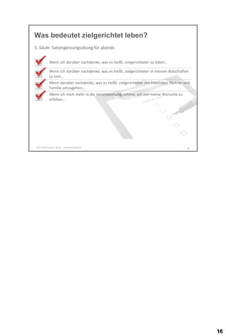 Was bedeutet zielgerichtet leben?
5. Säule: Satzergänzungsübung für abends
Wenn ich darüber nachdenke, was es heißt, zielgerichteter zu leben…
Wenn ich darüber nachdenke, was es heißt, zielgerichteter in meinen Botschaften
zu sein…
Wenn darüber nachdenke, was es heißt, zielgerichteter mit Freunden, Partner und
Familie umzugehen…
Wenn ich mich mehr in die Verantwortung nehme, um mir meine Wünsche zu
erfüllen…

Dirk Hannemann, Berlin - Selbstwertgefühl

16

 