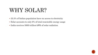  35.5% of Indian population have no access to electricity
 Solar accounts to only 6% of total renewable energy usage
 India receives 5000 trillion kWh of solar radiation
 