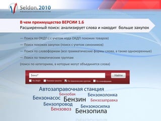 В чем преимущество ВЕРСИИ 1.6Расширенный поиск: анализирует слова и находит  больше закупок— Поиск по ОКДП ( с учетом кода ОКДП похожих товаров)— Поиск похожих закупок (поиск с учетом синонимов)—Поиск по словоформам (все грамматические формы слова, а также однокоренные)— Поиск по тематическим группам (поиск по категориям, в которые могут объединятся слова)
