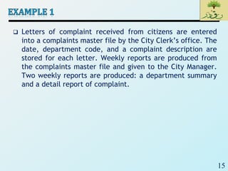 15
 Letters of complaint received from citizens are entered
into a complaints master file by the City Clerk’s office. The
date, department code, and a complaint description are
stored for each letter. Weekly reports are produced from
the complaints master file and given to the City Manager.
Two weekly reports are produced: a department summary
and a detail report of complaint.
 