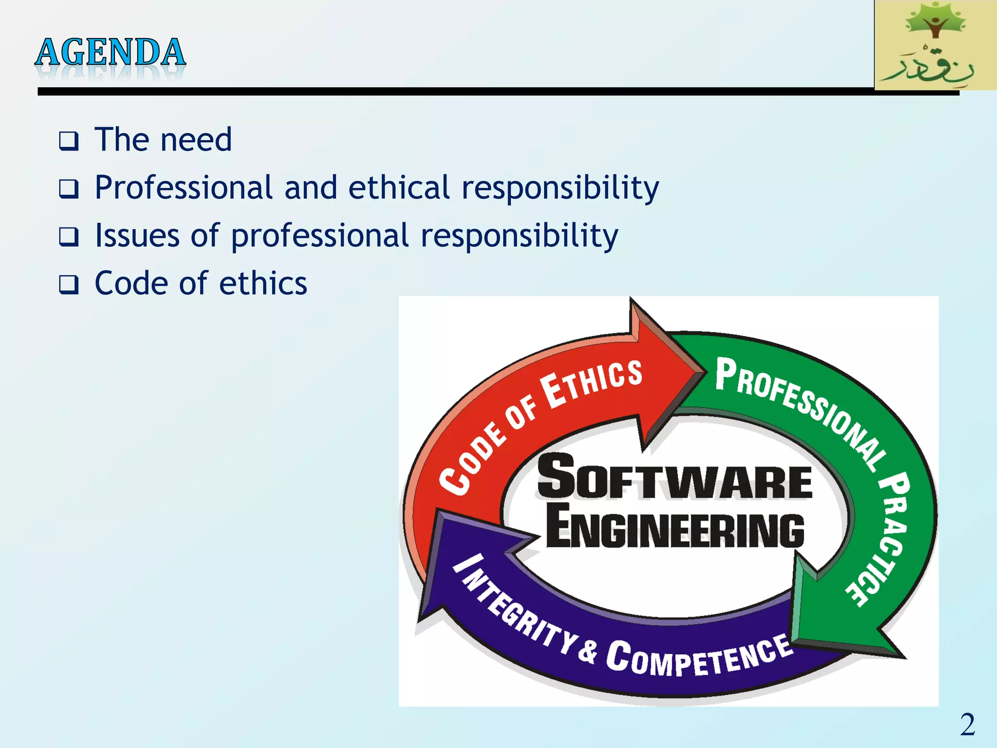 2
 The need
 Professional and ethical responsibility
 Issues of professional responsibility
 Code of ethics
 