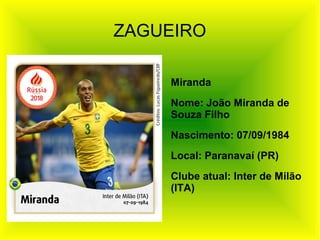 ZAGUEIRO
Miranda
Nome: João Miranda de
Souza Filho
Nascimento: 07/09/1984
Local: Paranavaí (PR)
Clube atual: Inter de Milão
(ITA)
 