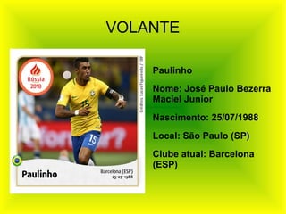 VOLANTE
Paulinho
Nome: José Paulo Bezerra
Maciel Junior
Nascimento: 25/07/1988
Local: São Paulo (SP)
Clube atual: Barcelona
(ESP)
 