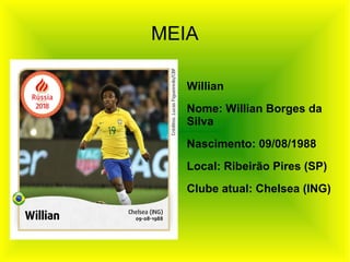 MEIA
Willian
Nome: Willian Borges da
Silva
Nascimento: 09/08/1988
Local: Ribeirão Pires (SP)
Clube atual: Chelsea (ING)
 