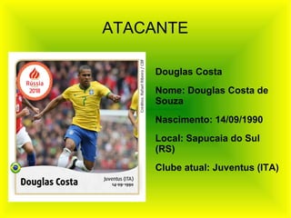 ATACANTE
Douglas Costa
Nome: Douglas Costa de
Souza
Nascimento: 14/09/1990
Local: Sapucaia do Sul
(RS)
Clube atual: Juventus (ITA)
 