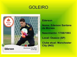 Ederson
Nome: Ederson Santana
de Moraes
Nascimento: 17/08/1993
Local: Osasco (SP)
Clube atual: Manchester
City (ING)
GOLEIRO
 