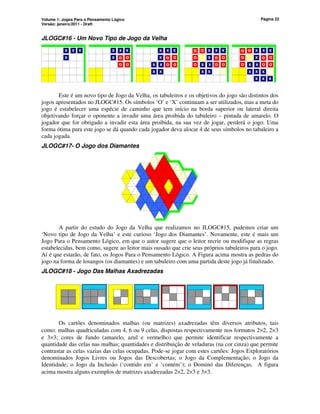 Volume 1: Jogos Para o Pensamento Lógico
Versão: janeiro/2011 - Draft
Página 22
JLOGC#16 - Um Novo Tipo de Jogo da Velha
‘
X
X
X
X
‘
X
X
X
O
O
O
O
X
‘
X
X
X
O
O
O
O
X
X
X
X
X
‘
X
X
X
X
X
X
O
O
O
O
X
O
O
O
O
X
X
X
X
X
X
X
X
‘
X
X
X
X
X
X
O
O
O
O
X
O
O
O
O
X
X
X
X
X
X
X
X
Este é um novo tipo de Jogo da Velha, os tabuleiros e os objetivos do jogo são distintos dos
jogos apresentados no JLOGC#15. Os símbolos ‘O’ e ‘X’ continuam a ser utilizados, mas a meta do
jogo é estabelecer uma espécie de caminho que tem início na borda superior ou lateral direita
objetivando forçar o oponente a invadir uma área proibida do tabuleiro – pintada de amarelo. O
jogador que for obrigado a invadir esta área proibida, na sua vez de jogar, perderá o jogo. Uma
forma ótima para este jogo se dá quando cada jogador deva alocar 4 de seus símbolos no tabuleiro a
cada jogada.
JLOGC#17- O Jogo dos Diamantes
A partir do estudo do Jogo da Velha que realizamos no JLOGC#15, pudemos criar um
‘Novo tipo de Jogo da Velha’ e este curioso ‘Jogo dos Diamantes’. Novamente, este é mais um
Jogo Para o Pensamento Lógico, em que o autor sugere que o leitor recrie ou modifique as regras
estabelecidas, bem como, sugere ao leitor mais ousado que crie seus próprios tabuleiros para o jogo.
Aí é que estarão, de fato, os Jogos Para o Pensamento Lógico. A Figura acima mostra as pedras do
jogo na forma de losangos (os diamantes) e um tabuleiro com uma partida deste jogo já finalizado.
JLOGC#18 - Jogo Das Malhas Axadrezadas
Os cartões denominados malhas (ou matrizes) axadrezadas têm diversos atributos, tais
como: malhas quadriculadas com 4, 6 ou 9 celas, dispostas respectivamente nos formatos 2×2, 2×3
e 3×3; cores de fundo (amarelo, azul e vermelho) que permite identificar respectivamente a
quantidade das celas nas malhas; quantidades e distribuição de veladuras (na cor cinza) que permite
contrastar as celas vazias das celas ocupadas. Pode-se jogar com estes cartões: Jogos Exploratórios
denominados Jogos Livres ou Jogos das Descobertas; o Jogo da Complementação; o Jogo da
Identidade; o Jogo da Inclusão (‘contido em’ e ‘contém’); o Dominó das Diferenças. A figura
acima mostra alguns exemplos de matrizes axadrezadas 2×2, 2×3 e 3×3.
 