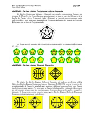 Série: Jogos Para o Pensamento Lógico-Matemático
Autor: Aury de Sá Leite
página 27
JLOGC#27 - Cartões Lógicos Pentagonais Lados e Diagonais
Os Cartões Pentagonais Vértices e Diagonais apresentados anteriormente formam um
conjunto de 27 cartões (ou fichas) bastante apropriados para se jogar o Jogo das Diferenças, já a
família dos Cartões Lógicos Pentagonais Lados e Diagonais se constitui num micromundo muito
mais complexo e com uma maior quantidade de elementos destinados não somente ao Jogo das
Diferenças, mas ao Jogo da Complementação.
As figuras a seguir mostram dois exemplos de complementação: os cartões complementares
8/2 e 6/4.
JLOGC#28 - Cartões Lógicos Globos  Diamantes
Na criação dos Cartões Lógicos Globos  Diamantes nós pudemos aperfeiçoar a idéia
básica dos Cartões Lógicos Pentagonais Lados e Diagonais (JLOGC#27), ou seja, o conceito de
complementação de figuras foi ampliado para abranger a idéia de homeomorfismo entre figuras
topologicamente equivalentes. No nosso caso as figuras intituladas globo e diamante irão compor
um micromundo fechado, mas não completo, cujos elementos são os cartões-globo e os cartões-
diamante. A figura mostra, como exemplo, quatro partes Cartões Lógicos Globos  Diamantes
homeomorfos (topologicamente equivalentes).
 