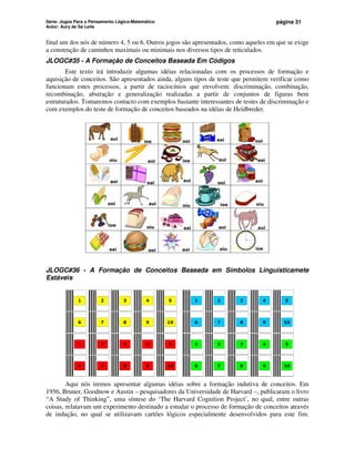 Série: Jogos Para o Pensamento Lógico-Matemático
Autor: Aury de Sá Leite
página 31
final um dos nós de número 4, 5 ou 6. Outros jogos são apresentados, como aqueles em que se exige
a construção de caminhos maximais ou minimais nos diversos tipos de reticulados.
JLOGC#35 - A Formação de Conceitos Baseada Em Códigos
Este texto irá introduzir algumas idéias relacionadas com os processos de formação e
aquisição de conceitos. São apresentados ainda, alguns tipos de teste que permitem verificar como
funcionam estes processos, a partir de raciocínios que envolvem: discriminação, combinação,
recombinação, abstração e generalização realizadas a partir de conjuntos de figuras bem
estruturados. Tomaremos contacto com exemplos bastante interessantes de testes de discriminação e
com exemplos do teste de formação de conceitos baseados na idéias de Heidbreder.
aui
ioe ooi eai ooi
oiu aoi ioe aui eai
aoi eai
aui
ooi aoi
ooi aui oiu ioe oiu
ioe oiu eai aoi aui
eai ooi aoi oiu ioe
JLOGC#36 - A Formação de Conceitos Baseada em Símbolos Linguisticamete
Estáveis
1 2 3 4 5
6 7 8 9 10
1 2 3 4 5
6 7 8 9 10
1 2 3 4 5
6 7 8 9 10
1 2 3 4 5
6 7 8 9 10
Aqui nós iremos apresentar algumas idéias sobre a formação indutiva de conceitos. Em
1956, Bruner, Goodnow e Austin – pesquisadores da Universidade de Harvard –, publicaram o livro
“A Study of Thinking”, uma síntese do ‘The Harvard Cognition Project’, no qual, entre outras
coisas, relatavam um experimento destinado a estudar o processo de formação de conceitos através
de indução, no qual se utilizavam cartões lógicos especialmente desenvolvidos para este fim.
 