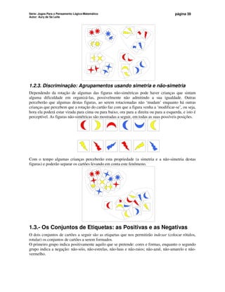 Série: Jogos Para o Pensamento Lógico-Matemático
Autor: Aury de Sá Leite
página 39
1.2.3. Discriminação: Agrupamentos usando simetria e não-simetria
Dependendo da rotação de algumas das figuras não-simétricas pode haver crianças que sintam
alguma dificuldade em organizá-las, possivelmente não admitindo a sua igualdade. Outras
perceberão que algumas destas figuras, ao serem rotacionadas não ‘mudam’ enquanto há outras
crianças que percebem que a rotação do cartão faz com que a figura venha a ‘modificar-se’, ou seja,
hora ela poderá estar virada para cima ou para baixo, ora para a direita ou para a esquerda, e isto é
perceptível. As figuras não-simétricas são mostradas a seguir, em todas as suas possíveis posições.
Com o tempo algumas crianças perceberão esta propriedade (a simetria e a não-simetria destas
figuras) e poderão separar os cartões levando em conta este fenômeno.
1.3.- Os Conjuntos de Etiquetas: as Positivas e as Negativas
O dois conjuntos de cartões a seguir são as etiquetas que nos permitirão indexar (colocar rótulos,
rotular) os conjuntos de cartões a serem formados.
O primeiro grupo indica positivamente aquilo que se pretende: cores e formas, enquanto o segundo
grupo indica a negação: não-sóis, não-estrelas, não-luas e não-raios; não-azul, não-amarelo e não-
vermelho.
 