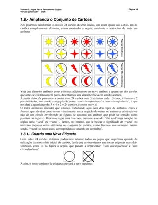 Volume 1: Jogos Para o Pensamento Lógico
Versão: janeiro/2011 - Draft
Página 54
1.8.- Ampliando o Conjunto de Cartões
Nós podemos transformar os nossos 24 cartões da série inicial, que eram iguais dois a dois, em 24
cartões completamente distintos, como mostrados a seguir, mediante o acréscimo de mais um
atributo.
Figuras
Simétricas
Figuras
Não-sSimétricas
Veja que além dos atributos cores e formas adicionamos um novo atributo a apenas um dos cartões
que antes se constituíam em pares, desenhamos uma circunferência em um dos cartões.
A partir disto nós passamos a contar com 24 cartões com 3 atributos cada: 3 cores, 4 formas e 2
possibilidades, uma sendo a negação da outra: ‘com circunferência’ e ‘sem circunferência’, o que
nos dará a quantidade de: 3 × 4 × 2 = 24 cartões distintos entre si.
O leitor atento irá entender que estamos trabalhando aqui com dois tipos de atributos, cores e
formas, que não têm como serem visualmente, um a negação do outro, no entanto a existência ou
não de um círculo envolvendo as figuras se constitui em atributo que pode ser tomado como
positivo ou negativo. Podemos negar uma das cores, como no caso de: ‘não azul’ (cuja notação em
lógica seria ‘~azul’ ou ‘¬azul’). Temos, no entanto, que ir buscar o significado de ‘¬azul’ no
universo daquelas cores utilizadas no conjunto de cartões, como fizemos anteriormente. Assim
sendo, ‘¬azul’ no nosso caso, corresponderá a ‘amarelo ou vermelho’.
1.8.1.- Criando uma Nova Etiqueta
Com estes 24 cartões distintos poderemos retomar todos os jogos que sugerimos quando da
utilização da nossa série inicial de cartões, desde que acrescentemos em nossas etiquetas mais dois
símbolos, como os da figura a seguir, que passam a representar: ‘com circunferência’ e ‘sem
circunferência’.
Assim, o nosso conjunto de etiquetas passará a ser o seguinte:
 