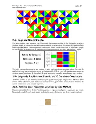 Série: Jogos Para o Pensamento Lógico-Matemático
Autor: Aury de Sá Leite
página 63
2.4.- Jogo da Discriminação
Um primeiro jogo a ser feito com este 30 dominós distintos entre si é o da discriminação, ou seja, o
jogador, depois de embaralhá-los bem, deve separá-los de acordo com o conjunto de cores que cada
um dos grupos possui. Deve-se proceder da seguinte forma: embaralhar todos os dominós e grupá-
los, em seguida de acordo com os conjuntos de cores apresentados na tabela apresentada a seguir.
Tabela de Cores dos
Dominós de 5 Cores
tomadas 4 a 4
1
2
3
4
5
Um outro jogo de discriminação que poderia vir a ser praticado, é aquele em que não se faz o uso da
tabela de cores o que, no entanto, parece ser bastante difícil. Neste caso, o leitor deve estar atento ao
seguinte: estes 5 conjuntos de 6 dominós deverão ser sempre grupados segundo suas cores básicas.
2.5.- Jogos de Paciência utilizando os 30 Dominós Quadrados
Podemos utilizar os 30 dominós quadrados para jogar novos jogos de paciência. Quando então
iremos adotar tabuleiros, com medidas das mais diversas, para tentar encaixar estes dominós, de
acordo com os dois casos a seguir expostos..
2.5.1.- Primeiro caso: Preencher tabuleiros do Tipo Moldura
Podemos adotar tabuleiros do tipo ‘moldura’, como os expostos nas figuras a seguir, em que o mais
básico deles, mede 3 por 3 quadrículas, sendo que o centro, do mesmo não deverá ser preenchido:
 