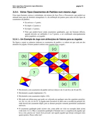 Série: Jogos Para o Pensamento Lógico-Matemático
Autor: Aury de Sá Leite
página 73
3.2.4.- Vários Tipos Casamentos de Padrões num mesmo Jogo
Uma regra bastante curiosa e estimulante, em termos de Jogo Para o Pensamento, que poderá ser
adotada num jogo de dominós retangulares é a da atribuição de pontos para cada um dos tipos de
casamentos de padrões:
• Se unívoco = 1 ponto;
• Se duplo = 2 pontos e
• Se triplo = 3 pontos.
• Note que poderá haver ainda casamentos quádruplos, que são bastante difíceis,
quando deverão ser atribuídos 4 ou 5 pontos, a ser combinado antecipadamente
pelos jogadores, ao jogador.
3.2.4.1.- Um Exemplo de Jogo com atribuições de Valores para as Jogadas
Na figura a seguir os números indicam os casamentos de padrão e a ordem em que cada um dos
dominós foi jogado. O leitor poderá conferir estas jogadas logo a seguir.:
(5)
(a)
(6)
(2)
(5)
(2)
(4)
(3) (3)
(1)
(1) (4)
(6)
(7)
(7)
(7) (7)
(e) (f)
(a)
(c)
(b) (d)
(8)
(8)
(9) (9)
?
(10)
(10)
(10)
(10)
(10)
(10)
• Há dominós com casamentos de padrão unívoco (único): de (1) até (6) e de (8) até (9);
• Há dominós casados duplamente: (7);
• Há dominós com casamentos triplos: (10);
• Há ainda um ultima peça que pode ser colocada em qualquer uma das seguintes posições:
(a), (b), (c), (d), (e) ou (f). A jogada mais favorável se dará com a escolha da posição (d),
onde haverá um casamento duplo, pois as demais posições somente permitirão casamentos
unívocos.
• O casamento quádruplo pode ocorrer sim, como pôde ser visto no exemplo dado acima
(vide item 3.2.3.). Mas o casamento quádruplo é bastante raro e a sequência de jogadas que
leva a isto, precisa ser ‘muito bem pensada’ por aquele jogador que deseje conseguir estes
quatro pontos. Pense sobre isto!
 