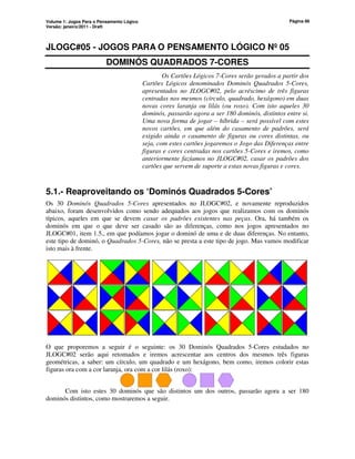 Volume 1: Jogos Para o Pensamento Lógico
Versão: janeiro/2011 - Draft
Página 86
JLOGC#05 - JOGOS PARA O PENSAMENTO LÓGICO Nº 05
DOMINÓS QUADRADOS 7-CORES
Os Cartões Lógicos 7-Cores serão gerados a partir dos
Cartões Lógicos denominados Dominós Quadrados 5-Cores,
apresentados no JLOGC#02, pelo acréscimo de três figuras
centradas nos mesmos (círculo, quadrado, hexágono) em duas
novas cores laranja ou lilás (ou roxo). Com isto aqueles 30
dominós, passarão agora a ser 180 dominós, distintos entre si.
Uma nova forma de jogar – híbrida – será possível com estes
novos cartões, em que além do casamento de padrões, será
exigido ainda o casamento de figuras ou cores distintas, ou
seja, com estes cartões jogaremos o Jogo das Diferenças entre
figuras e cores centradas nos cartões 5-Cores e iremos, como
anteriormente fazíamos no JLOGC#02, casar os padrões dos
cartões que servem de suporte a estas novas figuras e cores.
5.1.- Reaproveitando os ‘Dominós Quadrados 5-Cores’
Os 30 Dominós Quadrados 5-Cores apresentados no JLOGC#02, e novamente reproduzidos
abaixo, foram desenvolvidos como sendo adequados aos jogos que realizamos com os dominós
típicos, aqueles em que se devem casar os padrões existentes nas peças. Ora, há também os
dominós em que o que deve ser casado são as diferenças, como nos jogos apresentados no
JLOGC#01, item 1.5., em que podíamos jogar o dominó de uma e de duas diferenças. No entanto,
este tipo de dominó, o Quadrados 5-Cores, não se presta a este tipo de jogo. Mas vamos modificar
isto mais à frente.
O que proporemos a seguir é o seguinte: os 30 Dominós Quadrados 5-Cores estudados no
JLOGC#02 serão aqui retomados e iremos acrescentar aos centros dos mesmos três figuras
geométricas, a saber: um círculo, um quadrado e um hexágono, bem como, iremos colorir estas
figuras ora com a cor laranja, ora com a cor lilás (roxo):
Com isto estes 30 dominós que são distintos um dos outros, passarão agora a ser 180
dominós distintos, como mostraremos a seguir.
 