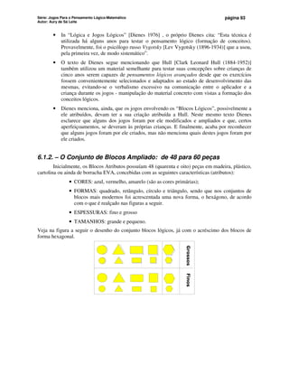Série: Jogos Para o Pensamento Lógico-Matemático
Autor: Aury de Sá Leite
página 93
• In “Lógica e Jogos Lógicos” [Dienes 1976] , o próprio Dienes cita: “Esta técnica é
utilizada há alguns anos para testar o pensamento lógico (formação de conceitos).
Provavelmente, foi o psicólogo russo Vygotsky [Lev Vygotsky (1896-1934)] que a usou,
pela primeira vez, de modo sistemático”.
• O texto de Dienes segue mencionando que Hull [Clark Leonard Hull (1884-1952)]
também utilizou um material semelhante para testar suas concepções sobre crianças de
cinco anos serem capazes de pensamentos lógicos avançados desde que os exercícios
fossem convenientemente selecionados e adaptados ao estado de desenvolvimento das
mesmas, evitando-se o verbalismo excessivo na comunicação entre o aplicador e a
criança durante os jogos - manipulação do material concreto com vistas a formação dos
conceitos lógicos.
• Dienes menciona, ainda, que os jogos envolvendo os “Blocos Lógicos”, possivelmente a
ele atribuídos, devam ter a sua criação atribuída a Hull. Neste mesmo texto Dienes
esclarece que alguns dos jogos foram por ele modificados e ampliados e que, certos
aperfeiçoamentos, se deveram às próprias crianças. E finalmente, acaba por reconhecer
que alguns jogos foram por ele criados, mas não menciona quais destes jogos foram por
ele criados.
6.1.2. – O Conjunto de Blocos Ampliado: de 48 para 60 peças
Inicialmente, os Blocos Atributos possuíam 48 (quarenta e oito) peças em madeira, plástico,
cartolina ou ainda de borracha EVA, concebidas com as seguintes características (atributos):
• CORES: azul, vermelho, amarelo (são as cores primárias);
• FORMAS: quadrado, retângulo, círculo e triângulo, sendo que nos conjuntos de
blocos mais modernos foi acrescentada uma nova forma, o hexágono, de acordo
com o que é realçado nas figuras a seguir.
• ESPESSURAS: fino e grosso
• TAMANHOS: grande e pequeno.
Veja na figura a seguir o desenho do conjunto blocos lógicos, já com o acréscimo dos blocos de
forma hexagonal.
Grossos
Finos
 