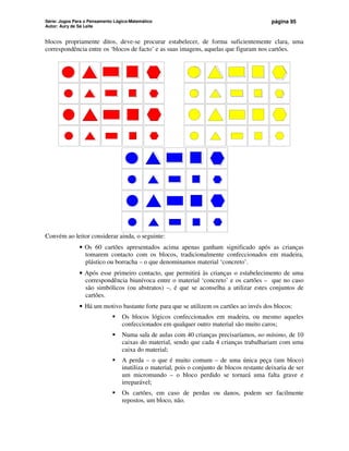 Série: Jogos Para o Pensamento Lógico-Matemático
Autor: Aury de Sá Leite
página 95
blocos propriamente ditos, deve-se procurar estabelecer, de forma suficientemente clara, uma
correspondência entre os ‘blocos de facto’ e as suas imagens, aquelas que figuram nos cartões.
Convém ao leitor considerar ainda, o seguinte:
• Os 60 cartões apresentados acima apenas ganham significado após as crianças
tomarem contacto com os blocos, tradicionalmente confeccionados em madeira,
plástico ou borracha – o que denominamos material ‘concreto’.
• Após esse primeiro contacto, que permitirá às crianças o estabelecimento de uma
correspondência biunívoca entre o material ‘concreto’ e os cartões – que no caso
são simbólicos (ou abstratos) –, é que se aconselha a utilizar estes conjuntos de
cartões.
• Há um motivo bastante forte para que se utilizem os cartões ao invés dos blocos:
 Os blocos lógicos confeccionados em madeira, ou mesmo aqueles
confeccionados em qualquer outro material são muito caros;
 Numa sala de aulas com 40 crianças precisaríamos, no mínimo, de 10
caixas do material, sendo que cada 4 crianças trabalhariam com uma
caixa do material;
 A perda – o que é muito comum – de uma única peça (um bloco)
inutiliza o material, pois o conjunto de blocos restante deixaria de ser
um micromundo – o bloco perdido se tornará uma falta grave e
irreparável;
 Os cartões, em caso de perdas ou danos, podem ser facilmente
repostos, um bloco, não.
 