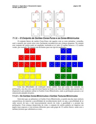 Volume 1: Jogos Para o Pensamento Lógico
Versão: janeiro/2011
página 100
7.1.2. – O Conjunto de Cartões Cores-Furos e os Cores-Minicírculos
O conjunto básico de cartões Cores-Furos são aqueles com as cores primárias: vermelho,
azul e amarelo, por serem estas cores facilmente reconhecíveis por crianças pequenas. No entanto
este conjunto de cartões pode ser ampliado, incluindo-se aí, mais 12 cartões brancos e 12 cartões
verdes, por exemplo. No entanto não há limites para este tipo de ampliações.
Uma das dificuldades da confecção destes cartões fica por conta não somente das
perfurações, mas das cores, que deveriam figurar na frente e no verso dos cartões, mas mesmo isto é
dispensável, pois podemos adotar os Cartões Cores-Minicírculos, onde as perfurações passam a ser
minicírculos pintados de preto.
7.1.2.1.- Os Cartões Cores-Minicírculos e Cartões Texturas-Minicírculos
Está claro que, ao adotarmos os Cartões Cores-Minicírculos, se perde uma das mais notáveis
características do material, a possibilidade de reconhecimento táctil, ou seja, a possibilidade de se
saber através do tato, e não necessariamente através da visão, a quantidade e a posição das
perfurações. Com crianças desprovidas da visão, o conjunto de cartões poderia ser impresso em
papéis mais espessos e com texturas diferentes para cada grupo de 12 cartões básico, sendo este o
atributo (textura) que substituiria as cores.
 