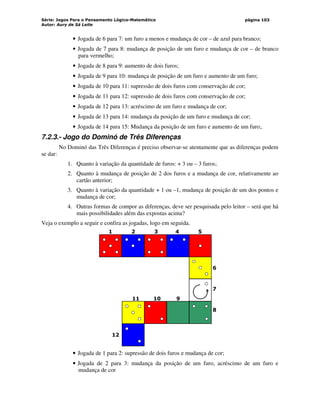 Série: Jogos Para o Pensamento Lógico-Matemático
Autor: Aury de Sá Leite
página 103
• Jogada de 6 para 7: um furo a menos e mudança de cor – de azul para branco;
• Jogada de 7 para 8: mudança de posição de um furo e mudança de cor – de branco
para vermelho;
• Jogada de 8 para 9: aumento de dois furos;
• Jogada de 9 para 10: mudança de posição de um furo e aumento de um furo;
• Jogada de 10 para 11: supressão de dois furos com conservação de cor;
• Jogada de 11 para 12: supressão de dois furos com conservação de cor;
• Jogada de 12 para 13: acréscimo de um furo e mudança de cor;
• Jogada de 13 para 14: mudança da posição de um furo e mudança de cor;
• Jogada de 14 para 15: Mudança da posição de um furo e aumento de um furo;.
7.2.3.- Jogo do Dominó de Três Diferenças
No Dominó das Três Diferenças é preciso observar-se atentamente que as diferenças podem
se dar:
1. Quanto à variação da quantidade de furos: + 3 ou – 3 furos;
2. Quanto à mudança de posição de 2 dos furos e a mudança de cor, relativamente ao
cartão anterior;
3. Quanto à variação da quantidade + 1 ou –1, mudança de posição de um dos pontos e
mudança de cor;
4. Outras formas de compor as diferenças, deve ser pesquisada pelo leitor – será que há
mais possibilidades além das expostas acima?
Veja o exemplo a seguir e confira as jogadas, logo em seguida.
1 2 3 4 5
6
7
8
11 10 9
12
• Jogada de 1 para 2: supressão de dois furos e mudança de cor;
• Jogada de 2 para 3: mudança da posição de um furo, acréscimo de um furo e
mudança de cor
 