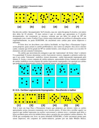 Volume 1: Jogos Para o Pensamento Lógico
Versão: janeiro/2011
página 110
[a] [b] [c] [d] [e] [f]
Em dois dos cartões ‘desorganizados’ há 9 círculos, mas em outro há apenas 8 círculos e em outros
dois deles há 10 círculos. O mais curioso é que os cartões que apresentam os 9 círculos
desorganizados, são exatamente os mesmos, somente que um deles foi girado de 90º em
comparação com o outro: Confira! Caso o leitor esteja interessado em verificar as afirmações acima
experimentalmente, na pasta JLOGC#08, ele encontrará estes cartões para serem impressos e
utilizados.
O leitor deve ter descoberto com relativa facilidade, no Jogo Para o Pensamento Lógico
acima proposto, quais seriam os cartões problemáticos, mas vamos às soluções: [b] e [f] é o mesmo
cartão, somente que [f] foi girado de 90º no sentido horário, com relação ao outro; [c] e [e] têm 10
elementos; [d] tem somente 8 elementos.
Os cartões que necessitam de contagem e que não ‘representam’ de forma ‘clara’ o número
9 (a quantidade 9) iremos denominar cartões logicamente neutros, enquanto o primeiro cartão [a],
que é um cartão ‘fortemente’ simbólico, iremos denominar cartão logicamente impregnado pelo
número 9. Assim, o nosso conjunto de cartões-números, apresentados acima, formam um conjunto
de cartões simbólicos ou um conjunto de cartões logicamente impregnados, em oposição aos cartões
que poderiam ser denominados cartões logicamente neutros, que apresentamos a seguir.
8.1.2.3.- Cartões Logicamente Impregnados – Escolhendo o melhor
[1] [2] [3] [4] [5] [6]
Este é mais um Jogo Para o Pensamento Lógico que propomos aos leitores: todos os cartões
apresentados acima, possuem exatamente nove círculos pretos. O leitor deve escolher aquele (ou
aqueles) que melhor representa (ou melhor representam) o número nove, e portanto qual deles o
leitor escolheria para servir de módulo básico para a geração dos seus próprios cartões-números. No
CD-R que acompanha este livro, na pasta intitulada JLOGC#08, o leitor encontrará pronto para
serem impressos, três conjuntos de cartões-números, gerados por um dado Modelo Básico,
 