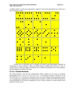 Série: Jogos Para o Pensamento Lógico-Matemático
Autor: Aury de Sá Leite
página 111
escolhidos dentre os cartões que representam o número 9, logo acima apresentados de acordo com o
que é mostrado a seguir.
O leitor deve ter percebido que os conjuntos de cartões acima apresentados poderiam ser
estruturados de outras maneiras a partir do módulo básico escolhido para gerá-los, ou seja, os
círculos pretos, a partir do número 8, poderiam ser escolhidos para figurarem em outras posições,
distintas daquelas escolhidas pelo autor.
8.1.2.4.- Cartões-Numerais
Os cartões-numerais, como foi dito anteriormente, podem ostentar em suas faces os numerais
hindu-arábicos (0, 1, 2, 3, 4, 5, 6, 7, 8, 9, 10, 11, 12, ...); os numerais romanos ( I, II, III, IV, V, VI,
VII, VIII, IX, X, C, L, D, M) ou os numerais escritos em vários idiomas: inglês, português, francês
etc, de acordo com a conveniência do educador que se propuser a utilizá-los. O leitor encontrará na
pasta JLOGC#08 do CD-R que acompanha este livro, muitos modelos de cartões-números para
imprimir, recortar e usar.
 
