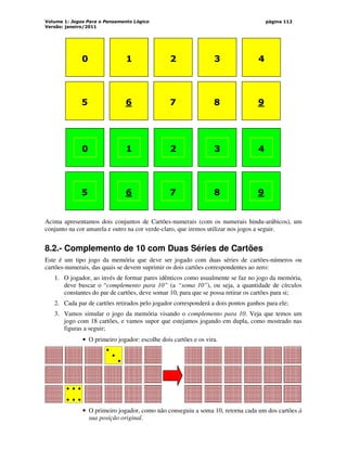 Volume 1: Jogos Para o Pensamento Lógico
Versão: janeiro/2011
página 112
0 1 2 4
3
5 6 7 9
8
0 1 2 4
3
5 6 7 9
8
Acima apresentamos dois conjuntos de Cartões-numerais (com os numerais hindu-arábicos), um
conjunto na cor amarela e outro na cor verde-claro, que iremos utilizar nos jogos a seguir.
8.2.- Complemento de 10 com Duas Séries de Cartões
Este é um tipo jogo da memória que deve ser jogado com duas séries de cartões-números ou
cartões-numerais, das quais se devem suprimir os dois cartões correspondentes ao zero:
1. O jogador, ao invés de formar pares idênticos como usualmente se faz no jogo da memória,
deve buscar o “complemento para 10” (a “soma 10”), ou seja, a quantidade de círculos
constantes do par de cartões, deve somar 10, para que se possa retirar os cartões para si;
2. Cada par de cartões retirados pelo jogador corresponderá a dois pontos ganhos para ele;
3. Vamos simular o jogo da memória visando o complemento para 10. Veja que temos um
jogo com 18 cartões, e vamos supor que estejamos jogando em dupla, como mostrado nas
figuras a seguir;
• O primeiro jogador: escolhe dois cartões e os vira.
• O primeiro jogador, como não conseguiu a soma 10, retorna cada um dos cartões à
sua posição original.
 