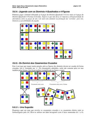 Série: Jogos Para o Pensamento Lógico-Matemático
Autor: Aury de Sá Leite
página 123
9.6.4.- Jogando com os Dominós 4-Quadrados e 4-Figuras
Podemos jogar o dominó utilizando as 6 peças do Dominó Quadrado 4-Cores mais as 6 peças do
Dominó Quadrado 4-Formas Coloridas. Sugere-se que não deva ser imposta a obrigatoriedade de
alternância entre as peças de um e de outro dos dominós na formação da ‘corrente’, pois isto,
limitaria as possibilidades de jogada.
9.6.5.- Os Dominó dos Casamentos Cruzados
Este é um jogo que requer muita atenção, pois as figuras dos dominós devem ser casadas de forma
cruzadas, isto é, formando um ‘x’. Os cruzamentos admitidos, serão não somente pela cor mas
também pelas formas. Isto ficará melhor exemplificado na figura a seguir.
Cruzamento entre cores Cruzamento entre cores e formas
9.6.5.1.- Uma Sugestão
Propomos aqui um jogo que envolve os casamentos cruzados e os casamentos diretos entre as
formas/figuras pela cor. Deve-se utilizar um dado hexagonal (com 6 faces numeradas de 1 a 6),
 
