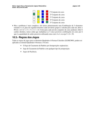 Série: Jogos Para o Pensamento Lógico-Matemático
Autor: Aury de Sá Leite
página 129
1º Conjunto de cores
2º Conjunto de cores
3º Conjunto de cores
4º Conjunto de cores
5º Conjunto de cores
• Mas o problema é mais complexo, nós temos primeiramente uma Combinação de 5 elementos
tomados 4 a 4, para em seguida tomarmos cada um destes grupos e calcular para cada um, deles a
PC(4) = (4−1)! = 3! = 3 × 2 × 1 = 6. Como para cada um dos conjuntos de cores podemos obter 6
cartões distintos, temos então que multiplicar as 5 cinco possíveis combinações de cores por 6
que é a quantidade de carões possíveis utilizando estas cores 4 a 4, ou seja 5 × 6 = 30.
10.3.- Regras dos Jogos
Todas as regras de jogos para os Dominós Quadrados 4-Formas Coloridos (JLOGC#09), podem ser
aplicadas ao dominó Quadrado 4-Formas e 5-Cores:
• O Jogo de Casamento de Padrões por Justaposições seqüenciais;
• Jogo de Casamento de Padrões com qualquer tipo de justaposição;
• Jogos de Paciência.
 