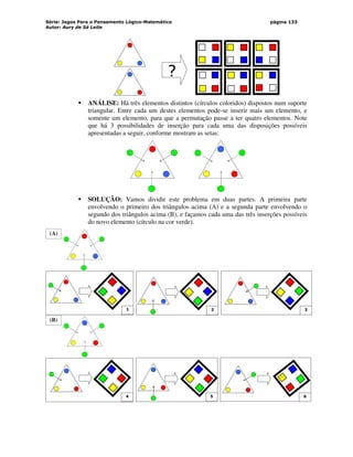 Série: Jogos Para o Pensamento Lógico-Matemático
Autor: Aury de Sá Leite
página 133
?
 ANÁLISE: Há três elementos distintos (círculos coloridos) dispostos num suporte
triangular. Entre cada um destes elementos pode-se inserir mais um elemento, e
somente um elemento, para que a permutação passe a ter quatro elementos. Note
que há 3 possibilidades de inserção para cada uma das disposições possíveis
apresentadas a seguir, conforme mostram as setas:
 SOLUÇÃO: Vamos dividir este problema em duas partes. A primeira parte
envolvendo o primeiro dos triângulos acima (A) e a segunda parte envolvendo o
segundo dos triângulos acima (B), e façamos cada uma das três inserções possíveis
do novo elemento (círculo na cor verde).
(A)
1 2 3
(B)
4 5 6
 