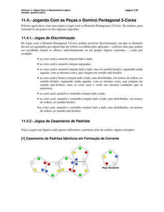 Volume 1: Jogos Para o Pensamento Lógico
Versão: janeiro/2011
página 136
11.4.- Jogando Com as Peças o Dominó Pentagonal 5-Cores
O leitor agora deve criar suas regras e jogar com os Dominós Pentagonais 5-Cores. No entanto, para
estimulá-lo um pouco aí vão algumas sugestões.
11.4.1.- Jogos de Discriminação
Os Jogos com o Dominó Pentagonal 5-Cores podem envolver discriminação, em que os dominós
devam ser agrupados por algum tipo de critério escolhido pelo aplicador – critérios estes que podem
ser escolhidos dentre os abaixo, individualmente ou em grupos lógicos coerentes –, como por
exemplo:
• as cores azul e amarelo estejam lado a lado;
• as cores azul e amarelo estejam separadas;
• as cores azul e amarelo estejam lado a lado, mas no sentido horário, separando ainda
aquelas, com as mesmas cores, que estejam em sentido anti-horário.
• as cores azul e branco estejam lado a lado, mas distribuídas, em termos de ordem, no
sentido horário, separando ainda aquelas, com as mesmas cores, que estejam em
sentido anti-horário, mais as cores azul e verde nas mesmas condições que as
anteriores;
• as cores azul, amarelo e vermelho estejam lado a lado;
• as cores azul, amarelo e vermelho estejam lado a lado, mas distribuídas, em termos
de ordem, no sentido horário.
•as cores azul, amarelo e vermelho estejam lado a lado, mas distribuídas, em termos
de ordem, no sentido anti-horário.
11.4.2.- Jogos de Casamento de Padrões
Veja a seguir,nas figuras onde apenas utilizamos a primeira série de cartões, alguns exemplos.
[1] Casamento de Padrões Idênticos em Formação de Corrente
Peça Restante
 