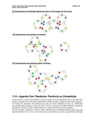 Série: Jogos Para o Pensamento Lógico-Matemático
Autor: Aury de Sá Leite
página 137
[2] Casamento de Padrões Idênticos Sem a Formação de Corrente
[3] Casamento de padrões cruzados;
[4] Casamentos de padrões pelos vértices.
11.5.- Jogando Com Tabuleiros: Paciência ou Competição
Vamos propor, a seguir, dois tabuleiros em que as peças de nosso dominó devem ser alocadas. Eles
podem ser jogados como um jogo de paciência ou então de forma competitiva entre dois jogadores.
As formas de casamento dos dominós em cada um destes tabuleiros devem ser combinadas
previamente pelos jogadores (vide item 10.4.2., acima): casamento de padrões idênticos, casamento
de padrões cruzados ou então, indiferentemente, a mistura dos dois tipos de casamento.
No caso de jogos competitivos, deve-se antes combinar qual a quantidade ideal de peças para cada
tipo de tabuleiro (10, 12, 14 etc). Feito isto, deve-se selecionar (ou sortear) a quantidade combinada
 