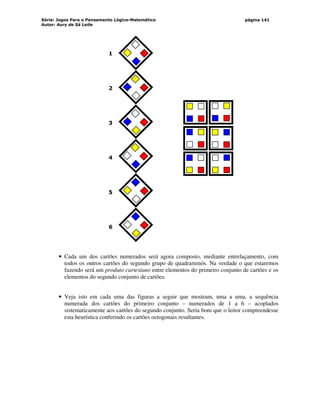Série: Jogos Para o Pensamento Lógico-Matemático
Autor: Aury de Sá Leite
página 141
5
6
1
4
2
3
• Cada um dos cartões numerados será agora composto, mediante entrelaçamento, com
todos os outros cartões do segundo grupo de quadraminós. Na verdade o que estaremos
fazendo será um produto cartesiano entre elementos do primeiro conjunto de cartões e os
elementos do segundo conjunto de cartões.
• Veja isto em cada uma das figuras a seguir que mostram, uma a uma, a sequência
numerada dos cartões do primeiro conjunto – numerados de 1 a 6 – acoplados
sistematicamente aos cartões do segundo conjunto. Seria bom que o leitor compreendesse
esta heurística conferindo os cartões octogonais resultantes.
 