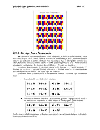 Série: Jogos Para o Pensamento Lógico-Matemático
Autor: Aury de Sá Leite
página 151
Dominós 2 X 3
CONJUNTO BÁSICO DOS DOMINÓS 2 X 3
01 02 03 04 05 06
07 08 09 10 11 12
13 14 15 16 17 18
19 20 21 22 23 24
25 26 27 28 29 30
31 32 33 34 35 36
13.3.1.- Um Jogo Para o Pensamento
O Jogo Para o Pensamento proposto aqui é o seguinte: de posse da tabela anterior o leitor
deve verificar quais são os cartões idênticos indicando-os pela numeração, isto é, formando pares de
números que indiquem os cartões idênticos. Para facilitar este Jogo o leitor poderá imprimir esta
tabela, bem como todos os dominós, a partir do CD-R que acompanha este livro. Primeiramente o
leitor deverá verificar quais dos dominós são: (a) idênticos e (b) quais são simétricos
A solução deste problema é a seguinte: dentre os 36 dominós 2 × 3, você encontrará 22
dominós que perfazem 11 pares de dominós idênticos e 14 dominós simétricos – com disposições
de cores invertidas com relação a um eixo e logo, não idênticos.
Note bem: temos 22 dominós dois a dois idênticos, e outros 14 dominós, que não formam
pares.
• Estes são os 11 pares de dominós idênticos:
01 e 36 02 e 24 03 e 30 04 e 12
07 e 34 08 e 22 11 e 16 13 e 35
15 e 29 19 e 23 21 e 26
• Estes são os dominós simétricos – não idênticos, portanto - agrupados dois a dois –
um com as cores distribuídas de forma inversa ao outro (veja na figura anterior):
05 e 33 06 e 31 09 e 23 10 e 20
14 e 28 17 e 27 18 e 25
Confira estes resultados comprando os dominós numerados (veja a tabela anterior) com os dominós
do conjunto de dominós do jogo.
 