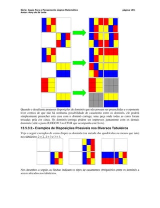 Série: Jogos Para o Pensamento Lógico-Matemático
Autor: Aury de Sá Leite
página 155
Quando o desafiante propuser disposições de dominós que não possam ser preenchidas e o oponente
tiver certeza de que não há nenhuma possibilidade de casamento entre os dominós, ele poderá
simplesmente preencher esta casa com o dominó coringa: uma peça onde todas as cores foram
trocadas pela cor cinza. Os dominós-coringa podem ser impressos juntamente com os demais
dominós (vide a pasta JLOGC#13 no CD-R que acompanha este livro).
13.5.3.2.- Exemplos de Disposições Possíveis nos Diversos Tabuleiros
Veja a seguir exemplos de como dispor os dominós (na metade das quadrículas ou menos que isto)
nos tabuleiros 2 × 2, 2 × 3 e 3 × 3.
Nos desenhos a seguir, as flechas indicam os tipos de casamentos obrigatórios entre os dominós a
serem alocados nos tabuleiros.
 