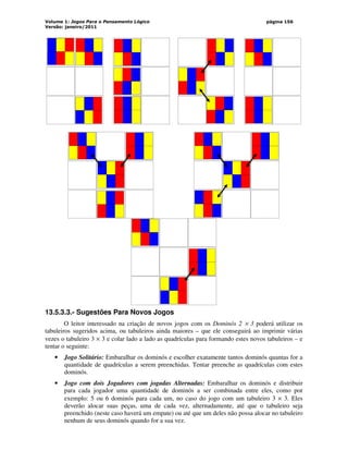 Volume 1: Jogos Para o Pensamento Lógico
Versão: janeiro/2011
página 156
13.5.3.3.- Sugestões Para Novos Jogos
O leitor interessado na criação de novos jogos com os Dominós 2 × 3 poderá utilizar os
tabuleiros sugeridos acima, ou tabuleiros ainda maiores – que ele conseguirá ao imprimir várias
vezes o tabuleiro 3 × 3 e colar lado a lado as quadrículas para formando estes novos tabuleiros – e
tentar o seguinte:
• Jogo Solitário: Embaralhar os dominós e escolher exatamente tantos dominós quantas for a
quantidade de quadrículas a serem preenchidas. Tentar preenche as quadrículas com estes
dominós.
• Jogo com dois Jogadores com jogadas Alternadas: Embaralhar os dominós e distribuir
para cada jogador uma quantidade de dominós a ser combinada entre eles, como por
exemplo: 5 ou 6 dominós para cada um, no caso do jogo com um tabuleiro 3 × 3. Eles
deverão alocar suas peças, uma de cada vez, alternadamente, até que o tabuleiro seja
preenchido (neste caso haverá um empate) ou até que um deles não possa alocar no tabuleiro
nenhum de seus dominós quando for a sua vez.
 