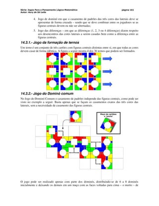 Série: Jogos Para o Pensamento Lógico-Matemático
Autor: Aury de Sá Leite
página 161
4. Jogo de dominó em que o casamento de padrões das três cores das laterais deve se
apresentar de forma cruzada – sendo que se deve combinar entre os jogadores se as
figuras centrais devem ou não ser alternadas;
5. Jogo das diferenças – em que as diferenças (1, 2, 3 ou 4 diferenças) dizem respeito
aos desencontros das cores laterais a serem casadas bem como a diferença entre as
figuras centrais.
14.3.1.- Jogo da formação de ternos
Um terno é um conjunto de três cartões com figuras centrais distintas entre si, em que todas as cores
devem casar de forma idêntica. A figura a seguir mostra 4 dos 36 ternos que podem ser formados.
14.3.2.- Jogo do Dominó comum
No Jogo do Dominó Comum o casamento de padrões independe das figuras centrais, como pode ser
visto no exemplo a seguir. Basta apenas que se façam os casamentos exatos das três cores das
laterais, sem a necessidade de casamento das figuras centrais.
Maço de cartões:
o ‘morto’
O jogo pode ser realizado apenas com parte dos dominós, distribuindo-se de 6 a 8 dominós
inicialmente e deixando os demais em um maço com as faces voltadas para cima – o morto – de
 