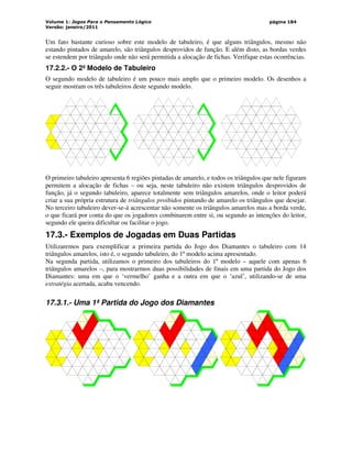 Volume 1: Jogos Para o Pensamento Lógico
Versão: janeiro/2011
página 184
Um fato bastante curioso sobre este modelo de tabuleiro, é que alguns triângulos, mesmo não
estando pintados de amarelo, são triângulos desprovidos de função. E além disto, as bordas verdes
se estendem por triângulo onde não será permitida a alocação de fichas. Verifique estas ocorrências.
17.2.2.- O 2º Modelo de Tabuleiro
O segundo modelo de tabuleiro é um pouco mais amplo que o primeiro modelo. Os desenhos a
seguir mostram os três tabuleiros deste segundo modelo.
O primeiro tabuleiro apresenta 6 regiões pintadas de amarelo, e todos os triângulos que nele figuram
permitem a alocação de fichas – ou seja, neste tabuleiro não existem triângulos desprovidos de
função, já o segundo tabuleiro, aparece totalmente sem triângulos amarelos, onde o leitor poderá
criar a sua própria estrutura de triângulos proibidos pintando de amarelo os triângulos que desejar.
No terceiro tabuleiro dever-se-á acrescentar não somente os triângulos amarelos mas a borda verde,
o que ficará por conta do que os jogadores combinarem entre si, ou segundo as intenções do leitor,
segundo ele queira dificultar ou facilitar o jogo.
17.3.- Exemplos de Jogadas em Duas Partidas
Utilizaremos para exemplificar a primeira partida do Jogo dos Diamantes o tabuleiro com 14
triângulos amarelos, isto é, o segundo tabuleiro, do 1º modelo acima apresentado.
Na segunda partida, utilizamos o primeiro dos tabuleiros do 1º modelo – aquele com apenas 6
triângulos amarelos –, para mostrarmos duas possibilidades de finais em uma partida do Jogo dos
Diamantes: uma em que o ‘vermelho’ ganha e a outra em que o ‘azul’, utilizando-se de uma
estratégia acertada, acaba vencendo.
17.3.1.- Uma 1ª Partida do Jogo dos Diamantes
 