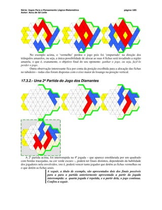 Série: Jogos Para o Pensamento Lógico-Matemático
Autor: Aury de Sá Leite
página 185
No exemplo acima, o ‘vermelho’ perdeu o jogo pois foi ‘empurrado’ na direção dos
triângulos amarelos, ou seja, a única possibilidade de alocar as suas 4 fichas será invadindo a região
amarela, o que é, exatamente, o objetivo final do seu oponente: ganhar o jogo, ou seja, fazê-lo
perder o jogo.
Outra observação interessante fica por conta da posição escolhida para a alocação das fichas
no tabuleiro – todas elas foram dispostas com o eixo maior do losango na posição vertical.
17.3.2.- Uma 2ª Partida do Jogo dos Diamantes
A 2ª partida acima, foi interrompida na 4ª jogada – que aparece emoldurada por um quadrado
com bordas tracejadas, na cor verde escuro –, poderá ter finais distintos, dependendo da habilidade
dos jogadores nela envolvidos, isto é, poderá vencer tanto jogador que detém as fichas vermelhas ou
o que detém as fichas azuis.
A seguir, a título de exemplo, são apresentados dois dos finais possíveis
para a para a partida anteriormente apresentada a partir da jogada
interrompida: a quarta jogada é repetida, e a partir dela, o jogo continua.
Confira a seguir.
 
