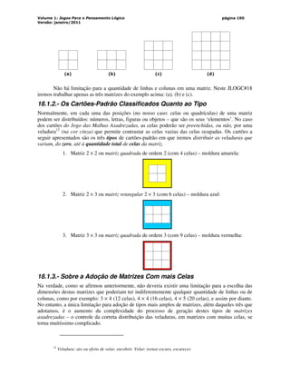 Volume 1: Jogos Para o Pensamento Lógico
Versão: janeiro/2011
página 190
(a) (b) (c) (d)
Não há limitação para a quantidade de linhas e colunas em uma matriz. Neste JLOGC#18
iremos trabalhar apenas as três matrizes do exemplo acima: (a), (b) e (c).
18.1.2.- Os Cartões-Padrão Classificados Quanto ao Tipo
Normalmente, em cada uma das posições (no nosso caso: celas ou quadrículas) de uma matriz
podem ser distribuídos: números, letras, figuras ou objetos – que são os seus ‘elementos’. No caso
dos cartões do Jogo das Malhas Axadrezadas, as celas poderão ser preenchidas, ou não, por uma
veladura12
(na cor cinza) que permite contrastar as celas vazias das celas ocupadas. Os cartões a
seguir apresentados são os três tipos de cartões-padrão em que iremos distribuir as veladuras que
variam, do zero, até à quantidade total de celas da matriz.
1. Matriz 2 × 2 ou matriz quadrada de ordem 2 (com 4 celas) – moldura amarela:
2. Matriz 2 × 3 ou matriz retangular 2 × 3 (com 6 celas) – moldura azul:
3. Matriz 3 × 3 ou matriz quadrada de ordem 3 (com 9 celas) – moldura vermelha:
18.1.3.- Sobre a Adoção de Matrizes Com mais Celas
Na verdade, como se afirmou anteriormente, não deveria existir uma limitação para a escolha das
dimensões destas matrizes que poderiam ter indiferentemente qualquer quantidade de linhas ou de
colunas, como por exemplo: 3 × 4 (12 celas), 4 × 4 (16 celas), 4 × 5 (20 celas), e assim por diante.
No entanto, a única limitação para adoção de tipos mais amplos de matrizes, além daqueles três que
adotamos, é o aumento da complexidade do processo de geração destes tipos de matrizes
axadrezadas – o controle da correta distribuição das veladuras, em matrizes com muitas celas, se
torna muitíssimo complicado.
12
Veladura: ato ou efeito de velar, encobrir. Velar: tornar escuro, escurecer.
 