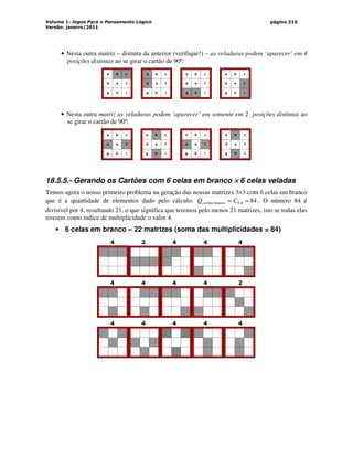 Volume 1: Jogos Para o Pensamento Lógico
Versão: janeiro/2011
página 210
• Nesta outra matriz – distinta da anterior (verifique!) – as veladuras podem ‘aparecer’ em 4
posições distintas ao se girar o cartão de 90º:
a b c
d e f
g h i
a b c
d e f
g h i
a b c
d e f
g h i
a b c
d e f
g h i
• Nesta outra matriz as veladuras podem ‘aparecer’ em somente em 2 posições distintas ao
se girar o cartão de 90º:
a b c
d e f
g h i
a b c
d e f
g h i
a b c
d e f
g h i
a b c
d e f
g h i
18.5.5.- Gerando os Cartões com 6 celas em branco ×
×
×
× 6 celas veladas
Temos agora o nosso primeiro problema na geração das nossas matrizes 3×3 com 6 celas em branco
que é a quantidade de elementos dado pelo cálculo: 84
6
,
9
básicos =
= C
Qcartões . O número 84 é
divisível por 4, resultando 21, o que significa que teremos pelo menos 21 matrizes, isto se todas elas
tiverem como índice de multiplicidade o valor 4.
• 6 celas em branco – 22 matrizes (soma das multiplicidades = 84)
4 2 4 4 4
4 4 4 4 2
4 4 4 4 4
 