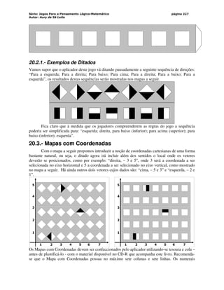 Série: Jogos Para o Pensamento Lógico-Matemático
Autor: Aury de Sá Leite
página 227
20.2.1.- Exemplos de Ditados
Vamos supor que o aplicador deste jogo vá ditando pausadamente a seguinte sequência de direções:
“Para a esquerda; Para a direita; Para baixo; Para cima; Para a direita; Para a baixo; Para a
esquerda”, os resultados destas sequências serão mostradas nos mapas a seguir.
Fica claro que à medida que os jogadores compreenderem as regras do jogo a sequência
poderia ser simplificada para: “esquerda; direita, para baixo (inferior); para acima (superior); para
baixo (inferior); esquerda”.
20.3.- Mapas com Coordenadas
Com o mapa a seguir propomos introduzir a noção de coordenadas cartesianas de uma forma
bastante natural, ou seja, o ditado agora irá incluir além dos sentidos o local onde os vetores
deverão se posicionados, como por exemplo: “direita, – 3 e 5”, onde 3 será a coordenada a ser
selecionada no eixo horizontal e 5 a coordenada a ser selecionado no eixo vertical, como mostrado
no mapa a seguir. Há ainda outros dois vetores cujos dados são: “cima, – 5 e 3” e “esquerda, – 2 e
1”.
1 2 3 4 5 6 7
5
4
3
2
1
1 2 3 4 5 6 7
5
4
3
2
1
Os Mapas com Coordenadas devem ser confeccionados pelo aplicador utilizando-se tesoura e cola –
antes de plastificá-lo - com o material disponível no CD-R que acompanha este livro. Recomenda-
se que o Mapa com Coordenadas possua no máximo sete colunas e sete linhas. Os numerais
 