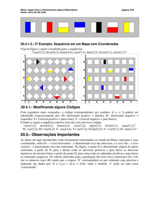 Série: Jogos Para o Pensamento Lógico-Matemático
Autor: Aury de Sá Leite
página 229
20.4.1.2.- 2º Exemplo- Sequência em um Mapa com Coordenadas
Veja na figura a seguir o resultado para a sequências:
“e/az/(3,2); d/vm/(6,3); b/am/(4,4); c/az/(7,4); d/pr/(2,5); b/vm/(5,1); e/am/(1,3)”
1 2 3 4 5 6 7
5
4
3
2
1
1 2 3 4 5 6 7
5
4
3
2
1
20.4.1.- Modificando alguns Códigos
Com jogadores mais avançados, o código correspondentes aos sentidos: d, e, c, b poderá ser
substituído respectivamente por: H+ (horizontal positivo = direita); H– (horizontal negativo =
esquerda); V+ (vertical positivo = para cima); V– (vertical negativo = para baixo).
Compre a seguir a sequência anterior reescrita com este novo código:
“e/az/(3,2); d/vm/(6,3); b/am/(4,4); c/az/(7,4); d/pr/(2,5); b/vm/(5,1); e/am/(1,3)”
“H– /az/(3,2); H+ /vm/(6,3); V– /am/(4,4); V+ /az/(7,4); H+/pr/(2,5); V– /vm/(5,1); H– /am/(1,3)”
20.5.- Observações Importantes
As idéias até aqui introduzidas estão diretamente relacionadas ao estudo do Plano cartesiano e suas
coordenadas, onde Ox – o eixo horizontal – é denominado eixo das abscissas, e o eixo Ou – o eixo
vertical – é denominado eixo das ordenadas. Na figura, o ponto O é denominado origem do plano
cartesiano, a partir de O, para a direita estão as abscissas positivas e para baixo as abscissas
negativas; da mesma forma, a partir do ponto O, para cima estão as ordenadas positivas e para baixo
os ordenadas negativas. Os valores utilizados para a graduação dos dois eixos cartesianos Ox e Oy
são os números reais (R) sendo que a origem ‘O’ corresponderá ao par ordenado cuja abscissa e
ordenada são dadas por: O ≡ (x,y) = (h,v) = (0,0), onde o símbolo ‘≡’ pode ser lido como
‘corresponde’.
 