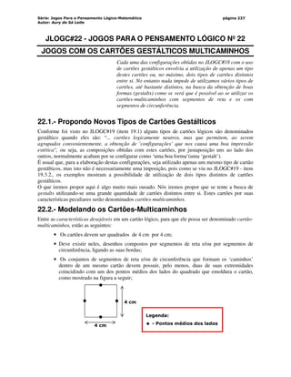 Série: Jogos Para o Pensamento Lógico-Matemático
Autor: Aury de Sá Leite
página 237
JLOGC#22 - JOGOS PARA O PENSAMENTO LÓGICO Nº 22
JOGOS COM OS CARTÕES GESTÁLTICOS MULTICAMINHOS
Cada uma das configurações obtidas no JLOGC#18 com o uso
de cartões gestálticos envolvia a utilização de apenas um tipo
destes cartões ou, no máximo, dois tipos de cartões distintos
entre si. No entanto nada impede de utilizamos vários tipos de
cartões, até bastante distintos, na busca da obtenção de boas
formas (gestalts) como se verá que é possível ao se utilizar os
cartões-multicaminhos com segmentos de reta e os com
segmentos de circunferência.
22.1.- Propondo Novos Tipos de Cartões Gestálticos
Conforme foi visto no JLOGC#19 (item 19.1) alguns tipos de cartões lógicos são denominados
gestáltico quando eles são: “... cartões logicamente neutros, mas que permitem, ao serem
agrupados convenientemente, a obtenção de ‘configurações’ que nos causa uma boa impressão
estética, ou seja, as composições obtidas com estes cartões, por justaposição uns ao lado dos
outros, normalmente acabam por se configurar como ‘uma boa forma’(uma ‘gestalt’).
É usual que, para a elaboração destas configurações, seja utilizado apenas um mesmo tipo de cartão
gestálticos, mas isto não é necessariamente uma imposição, pois como se viu no JLOGC#19 - item
19.3.2., os exemplos mostram a possibilidade de utilização de dois tipos distintos de cartões
gestálticos.
O que iremos propor aqui é algo muito mais ousado. Nós iremos propor que se tente a busca de
gestalts utilizando-se uma grande quantidade de cartões distintos entre si. Estes cartões por suas
características peculiares serão denominados cartões-multicaminhos.
22.2.- Modelando os Cartões-Multicaminhos
Entre as características desejáveis em um cartão lógico, para que ele possa ser denominado cartão-
multicaminhos, estão as seguintes:
• Os cartões devem ser quadrados de 4 cm por 4 cm;
• Deve existir neles, desenhos compostos por segmentos de reta e/ou por segmentos de
circunferência, ligando as suas bordas;
• Os conjuntos de segmentos de reta e/ou de circunferência que formam os ‘caminhos’
dentro de um mesmo cartão devem possuir, pelo menos, duas de suas extremidades
coincidindo com um dos pontos médios dos lados do quadrado que emoldura o cartão,
como mostrado na figura a seguir;
4 cm
4 cm
Legenda:
- Pontos médios dos lados
 
